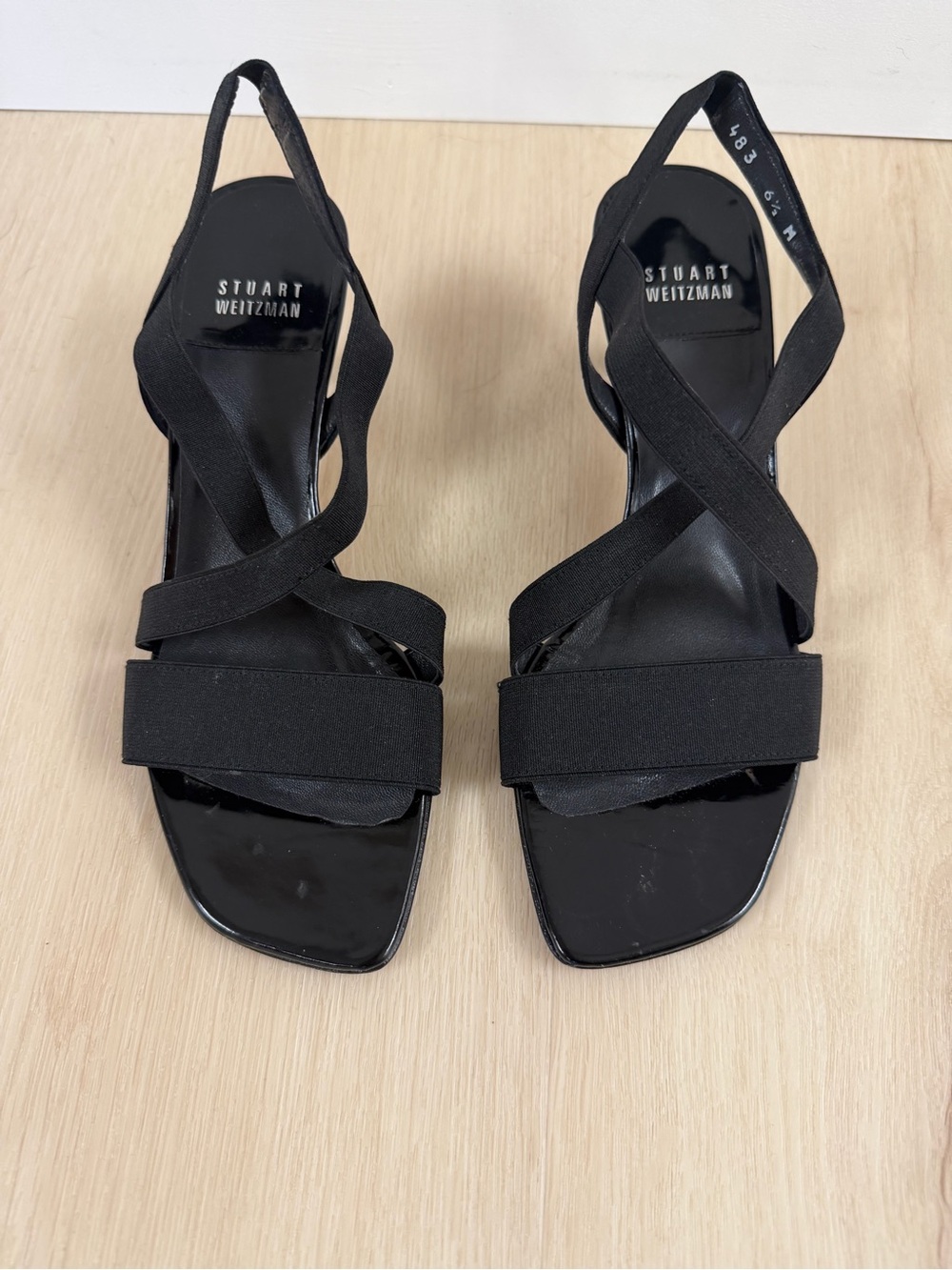 Stuart Weitzman Black Strappy Elastic Slingback Heels